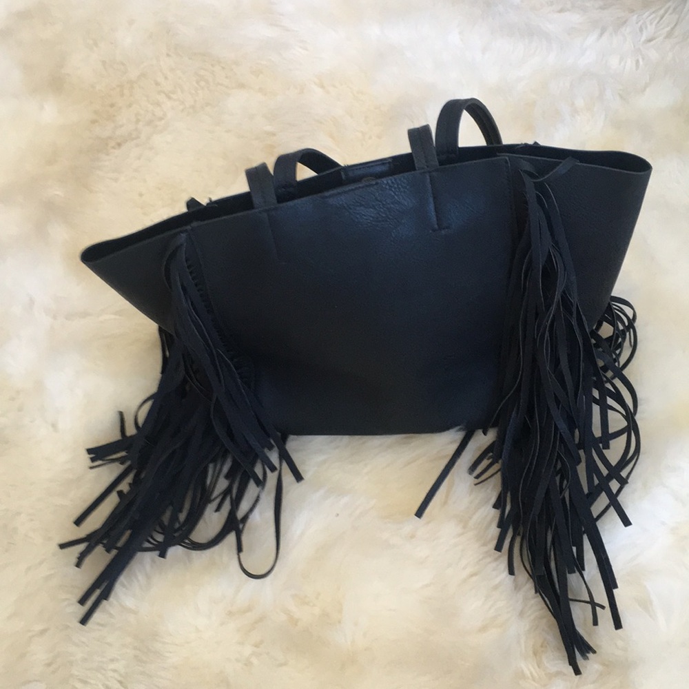 Vegan leather black fringe tote